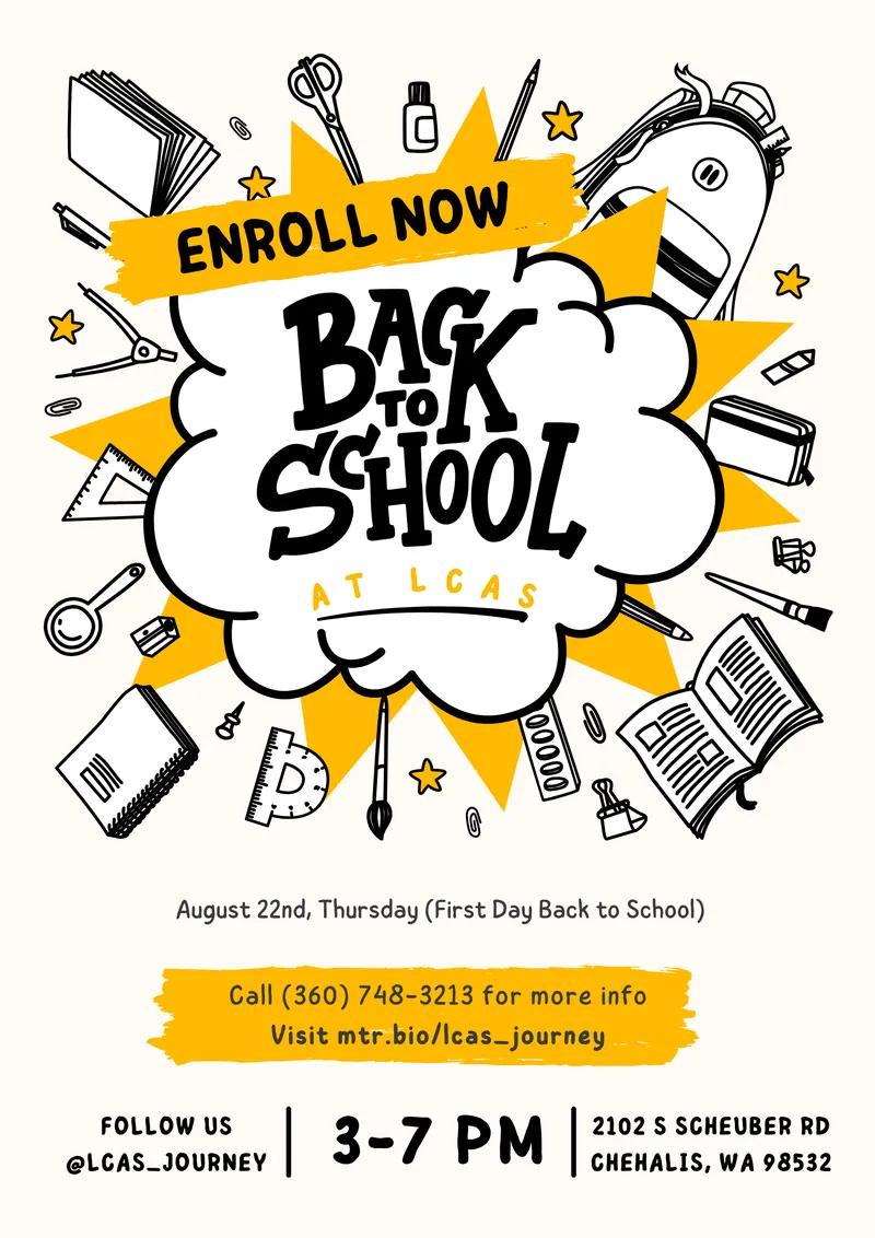 Enroll Now back to school poster for LCAS
