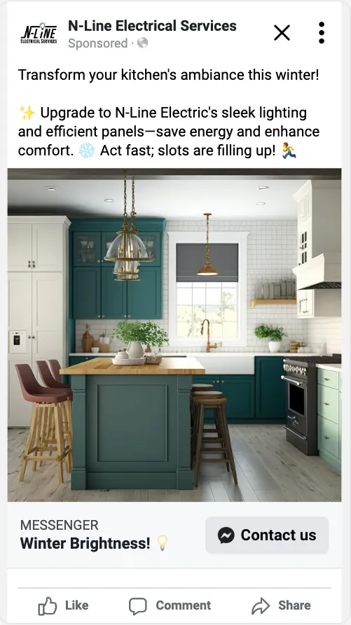 Facebook ad preview for a winter kitchen lighting upgrade