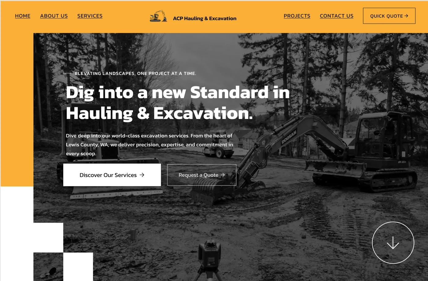 ACP Hauling and Excavation website concept with a bold yellow header and excavator imagery