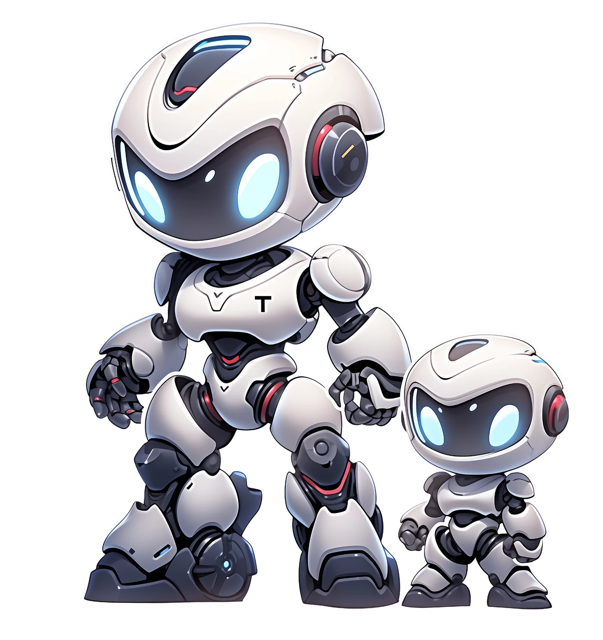 Meet Max: our friendly white robot with bright cyan eyes, alongside his small companion