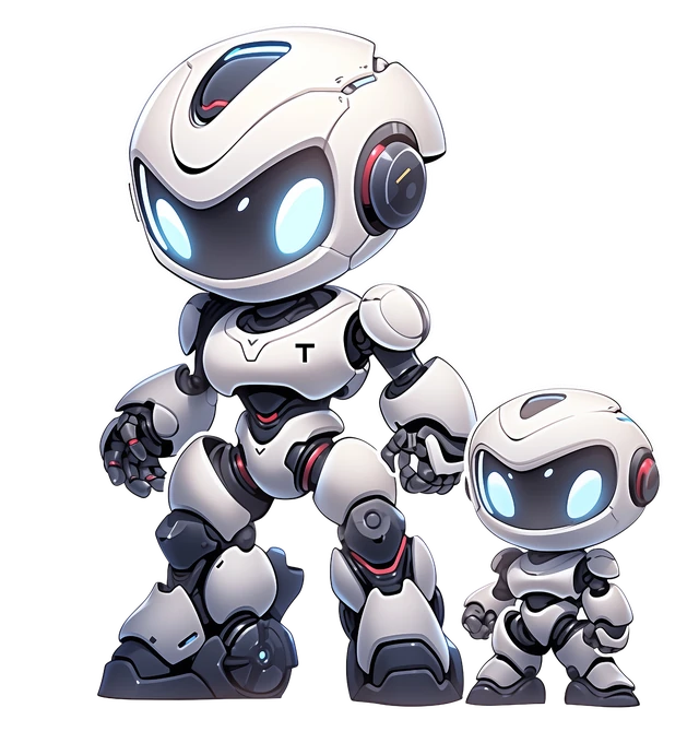 Max’s supporting characters: a tall white robot and a smaller companion, both with cyan eyes